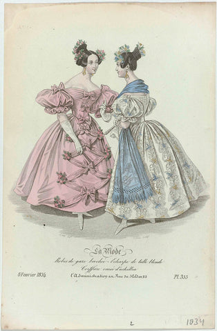 La Mode, February 8, 1834, Pl. 355 : Robes de gaze broché (...), Georges Jacques Gatine, 1834 Canvas Print