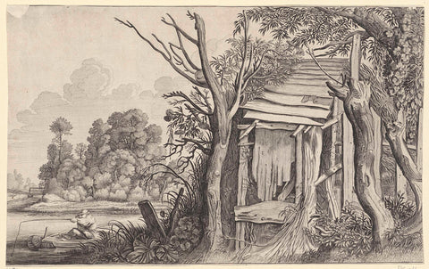 Angler at a dilapidated hut in a landscape, Jan van de Velde (II), 1604 - 1641 Canvas Print