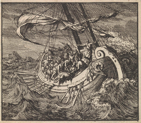 Jonah in the storm thrown out of the ship, Jan Luyken, 1698 Canvas Print