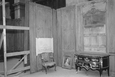 Panelling with chest of drawers, painting (woman's portrait) and armchair, 1957 Canvas Print