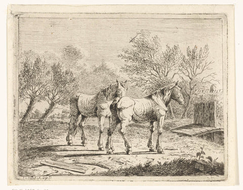 Meadow landscape with two horses at bridge and farm, Cornelis Bisschop (1762-1829), 1777 - 1829 Canvas Print