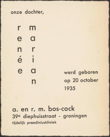 Birth announcement of Renée Marian, daughter of A. and R. Bos-Cock, anonymous, c. 1935 Canvas Print