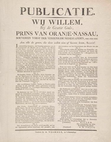 Proclamation by the Prince of Orange on the departments of the country, 15 December 1813, Gualtherus Vosmaer, 1813 Canvas Print