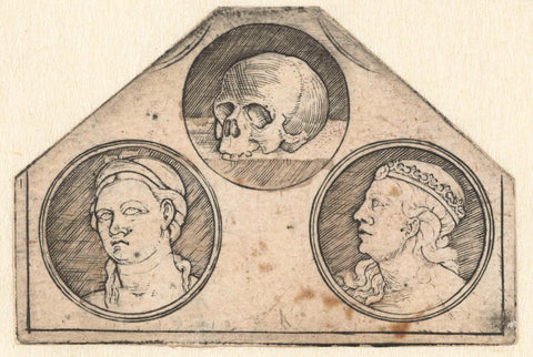 Sheet with three round representations: skull and two heads of women, Hans Sebald Beham (rejected attribution), 1500 - 1599 Canvas Print