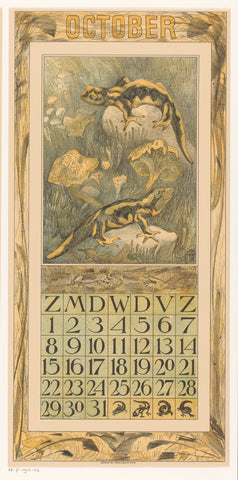 Calendar sheet October with salamanders, Theo van Hoytema, 1910 Canvas Print