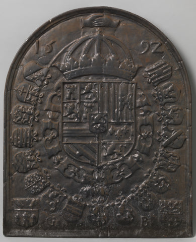 Hearth plate with the coat of arms of Philip II surrounded by the arms of the Seventeen Provinces, anonymous, in or after 1592 Canvas Print