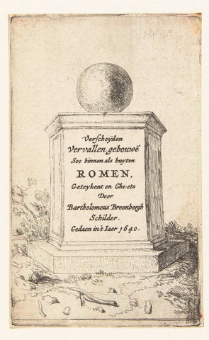 Title page with text on a pedestal with a sphere on top, Bartholomeus Breenbergh, 1640 Canvas Print