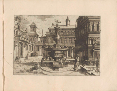 Town square with a fountain surrounded by figures, Joannes van Doetechum (I), 1568 Canvas Print