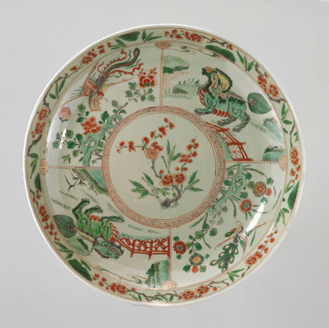 Saucer-dish with celadon glaze, prunus sprays, shishi, peacock and feng huangs, anonymous, c. 1700 - c. 1724 Canvas Print