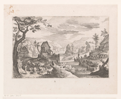 Village in mountains with brook and cattle herder blowing up horn, Matthäus Merian (I), 1603 - 1650 Canvas Print