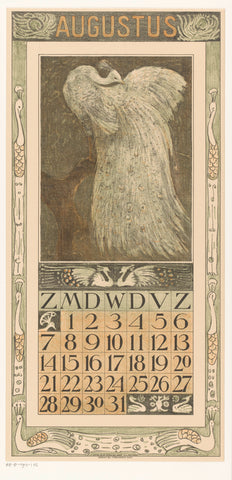 Calendar sheet August with white peacock, Theo van Hoytema, 1909 Canvas Print