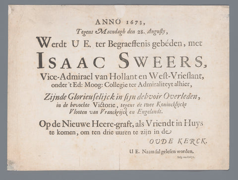 Funeral note from Isaac Sweers, Erfg. of Colyn, 1673 Canvas Print