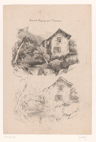 Mountain landscape with house and bridge in two drawing steps, Louis-Julien Jacottet, 1836 Canvas Print