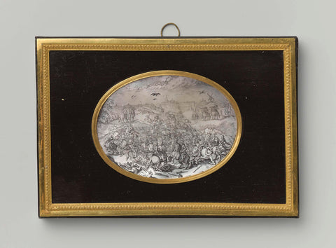 Engraving on mother-of-pearl showing the equestrian duel between Viscount De Breauté and Gerard Abraham's 'Lekkerbeetje' on the Vughtse heide on 5 February 1600, Jean Bellekin, 1628 Canvas Print