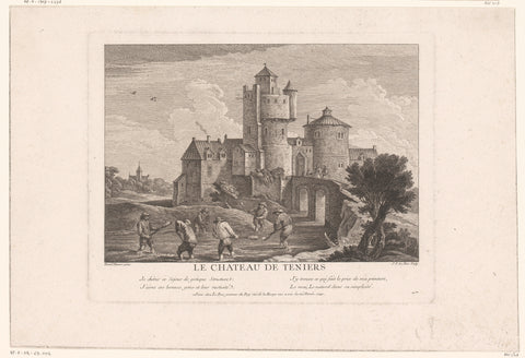 Six men with shovels in front of a castle, Jacques-Philippe Le Bas, 1740 Canvas Print