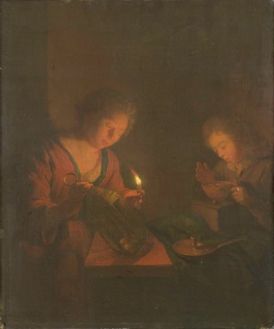 Fire and Light (A Girl Places a Candle in a Lantern and a Boy Blows on the Coals in a Chafing-Dish), Godfried Schalcken (attributed to), 1690 - 1706 Canvas Print