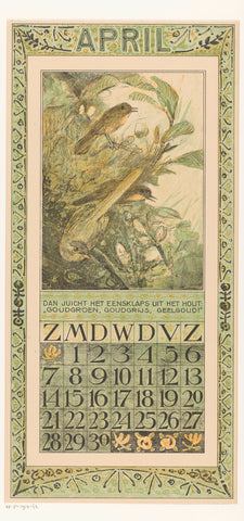 Calendar sheet April with three birds, Theo van Hoytema, 1906 Canvas Print