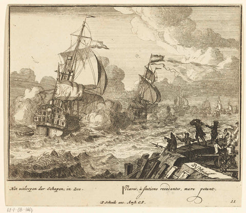 The ship takes part in a battle off the coast, plate no. 11, ca. 1700, Sieuwert van der Meulen, 1690 - 1710 Canvas Print