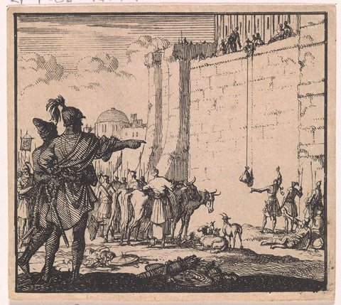 The Jewish priests imprisoned in the temple try to provide themselves with sacrificial animals for the Passover, Jan Luyken, 1698 Canvas Print