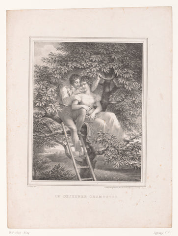 Two lovers in a cherry tree, Charles Etienne Leguay, c. 1825 Canvas Print