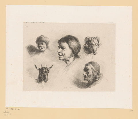 Composition with three heads of men of different ages, a ram and a buck, Jean Jacques de Boissieu, 1803 Canvas Print