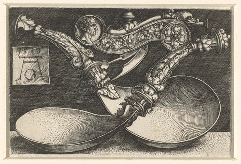 Design for two spoons and a whistle, Heinrich Aldegrever, 1539 Canvas Print