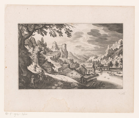 Mountain landscape with river, village and castle, Matthew Merian (I), 1624 Canvas Print