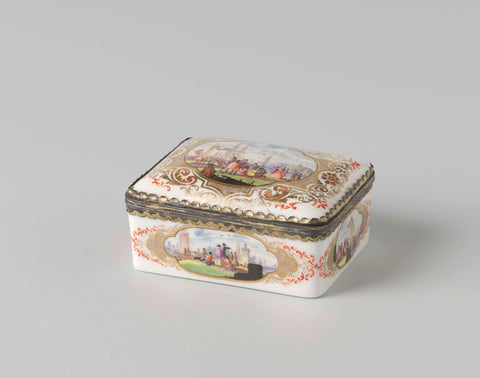 Snuff box, multicolored painted with harbour views and on the inside of the lid a faun spiing on a woman, Meissener Porzellan Manufaktur (falsification of), c. 1850 - in or before 1878 Canvas Print