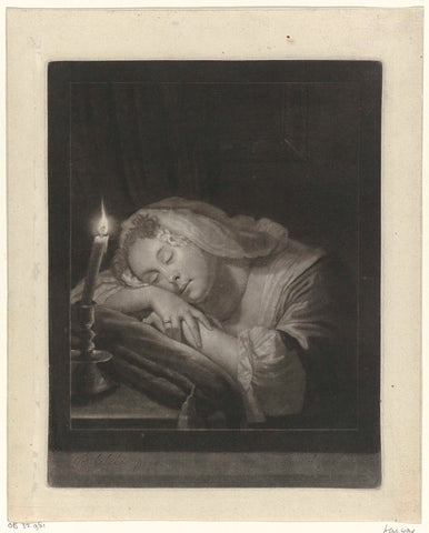 Sleeping young woman next to a candle, John Smith (printmaker/ publisher), 1662 - 1742 Canvas Print