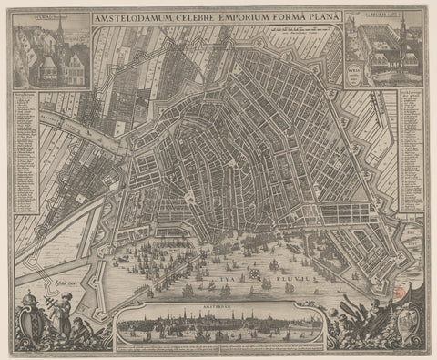 Map of Amsterdam with cityscape, anonymous, Claes Jansz. Visscher (II), in or after c. 1643 - 1648 Canvas Print