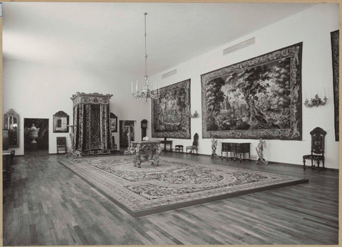 Room with tapestries and floor carpets, four-poster bed and furniture, 1957 Canvas Print