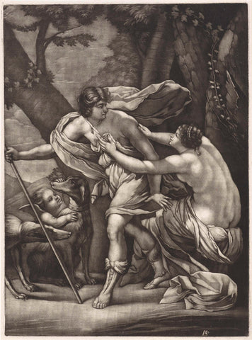 Venus keeps Adonis from hunting, Pieter Schenk (I), 1670 - 1713 Canvas Print