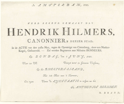 Invitation to the funeral of Hendrik Hilmers, 1787, anonymous, 1787 Canvas Print