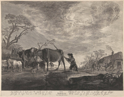 Landscape with a cattle breeder: the month of April and the season spring, Pieter Nolpe, 1623 - 1653 Canvas Print