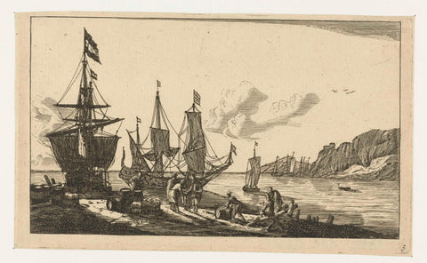 Harbor with sailing ships and sailors on the quay, anonymous, 1656 - 1714 Canvas Print
