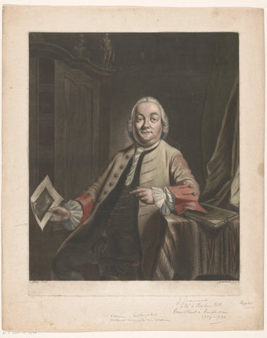 Portrait of Simon Fokke with in his hand the print of the looting of the house of Gerrit Hagedooren, 1751, John Greenwood, 1751 - 1792 Canvas Print