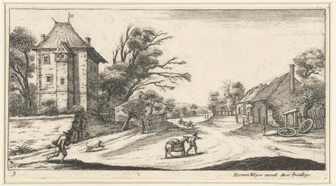 Landscape with a large house on a village road, Jacques Callot (possibly), 1621 - 1672 Canvas Print