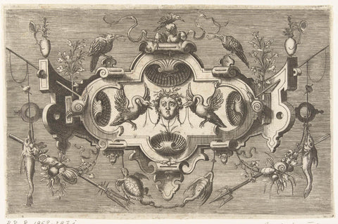 Cartouche with four shells and a mascaron flanked by two swans, Harmen Jansz Muller, 1564 Canvas Print