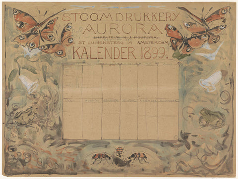 Design for the calendar 1899 for the Stoomdrukkerij Aurora, Theo van Hoytema, c. 1874 - c. 1899 Canvas Print