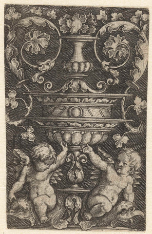 Ornament with two putti on dolphins under a vase, Jacob Binck, 1510 - 1569 Canvas Print