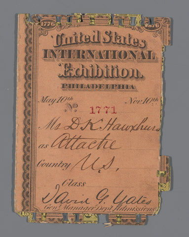 Portrait of D.K. Hawxhurst, attaché, on day ticket of the Philadelphia International Exhibition 1876, anonymous, 1876 Canvas Print