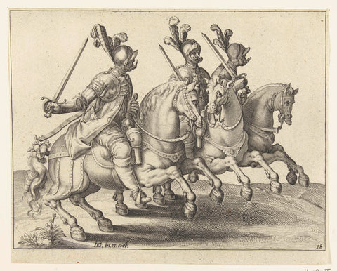 Three horsemen with drawn swords, turned to the left, Jacob de Gheyn (II) (workshop or), 1640 Canvas Print