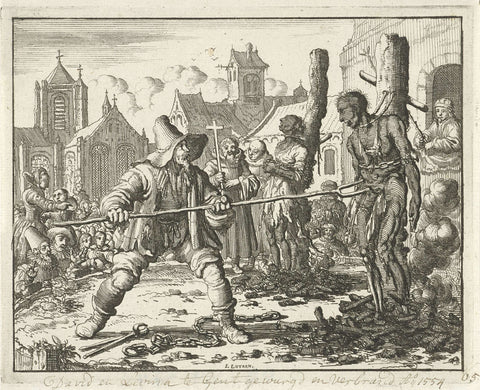 Burnt corpses of David and Levina in Ghent, 1554, Jan Luyken, 1685 Canvas Print