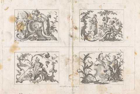 Four scenes with pipe-smoking men, Johann Esaias Nilson, c. 1731 - 1788 Canvas Print