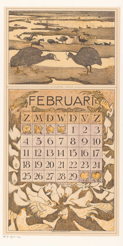 Calendar sheet February with coots, Theo van Hoytema, 1911 Canvas Print