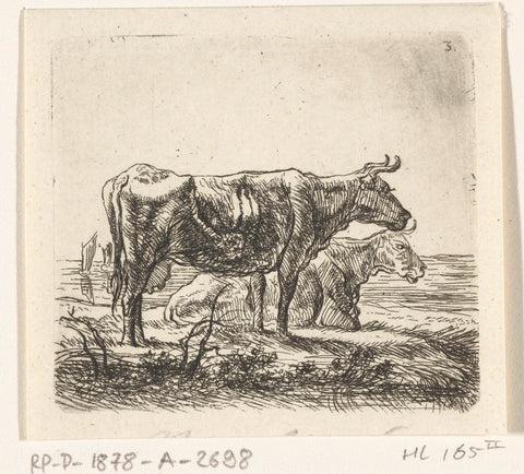 Two cows at a puddle with boats, Ernst Willem Jan Bagelaar, 1814 Canvas Print