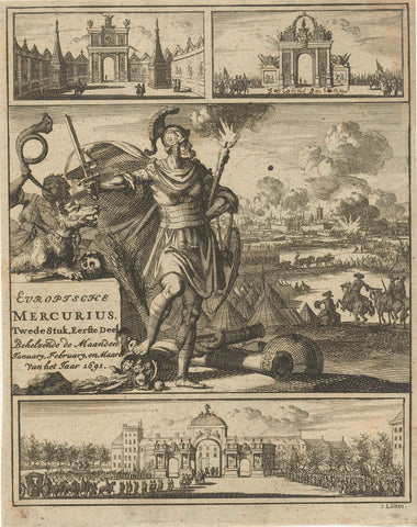 Mars met geheven zwaard voor een in brand geschoten stad, Jan Luyken, 1691 Canvas Print