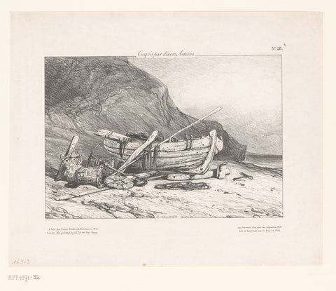 Fishing boat on the beach at the foot of a cliff, Eugène Isabey, 1830 Canvas Print