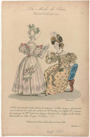 La Mode de Paris, septembre 1833, No. 6 : 1. Robe de mousseline brodé (...), Montaut d'Oleron. Gabriel Xavier, 1833 Canvas Print