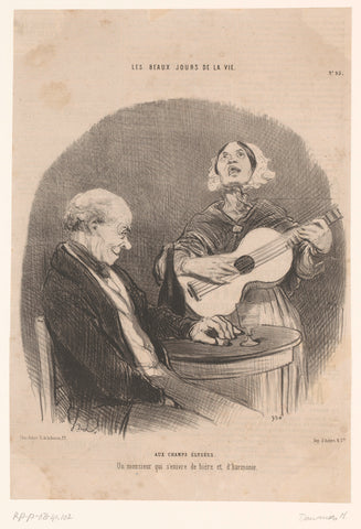 Man on terrace listens to street singer with guitar, Honoré Daumier, 1846 Canvas Print